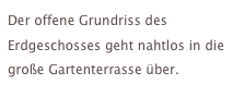 Der offene Grundriss des Erdgeschosses geht nahtlos in die große Gartenterrasse über.